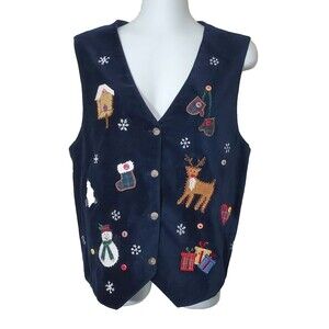 Casey & Max Vest Womens Large Navy Blue Velvet Embroidered Holiday Christmas